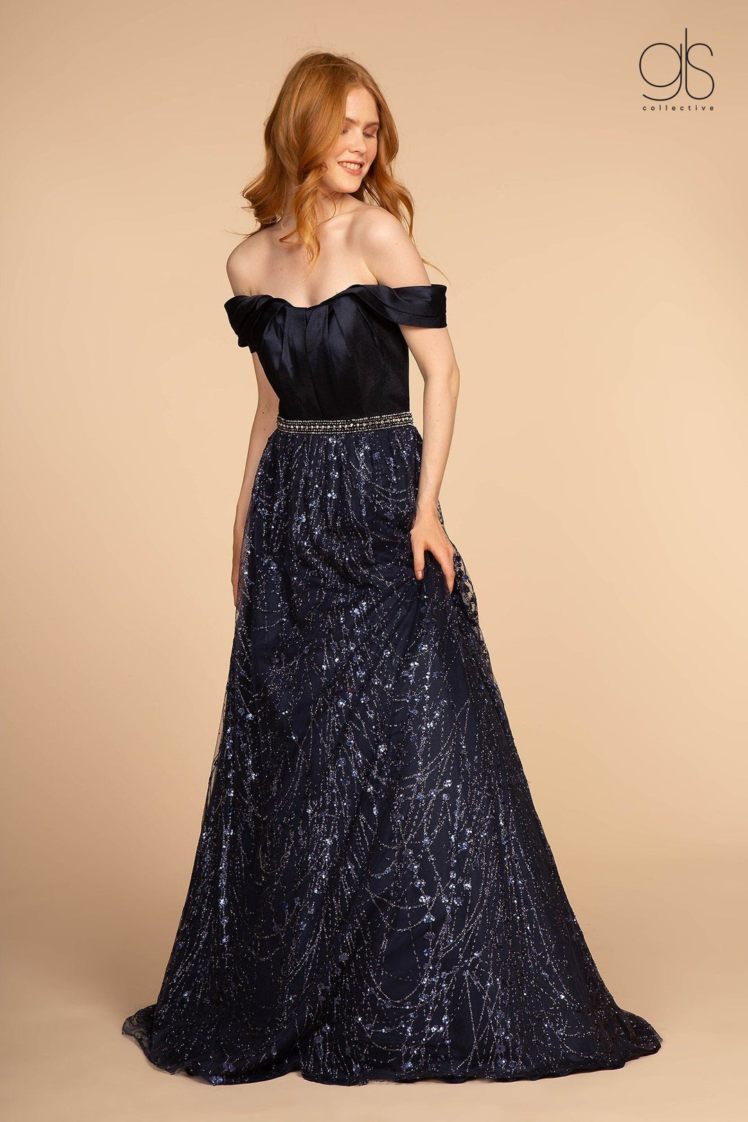 Long Off Shoulder Dress with Glitter Print Skirt by Elizabeth K GL2530-Long Formal Dresses-ABC Fashion