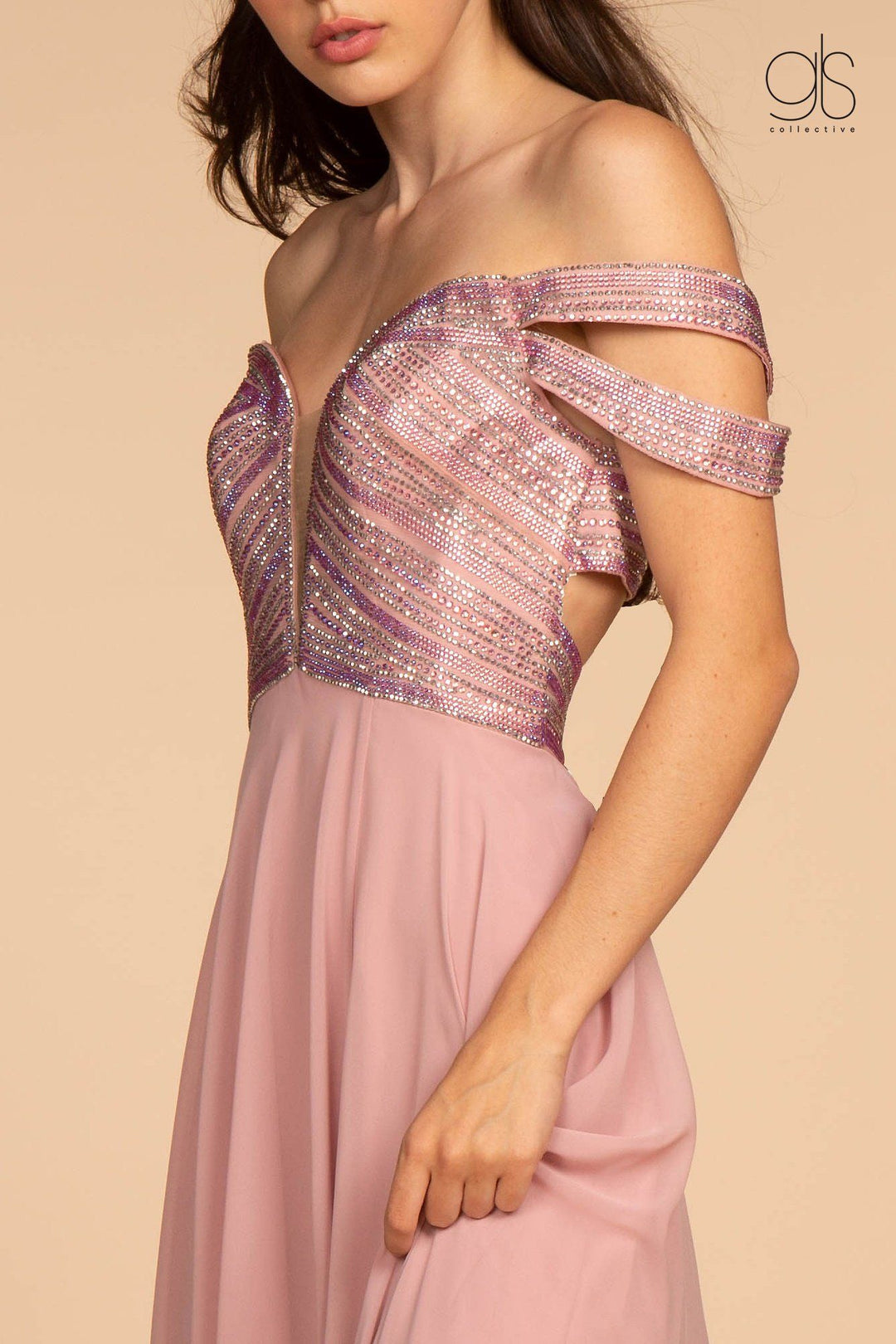 Long Off Shoulder Dress with Jeweled Bodice by Elizabeth K GL2527-Long Formal Dresses-ABC Fashion