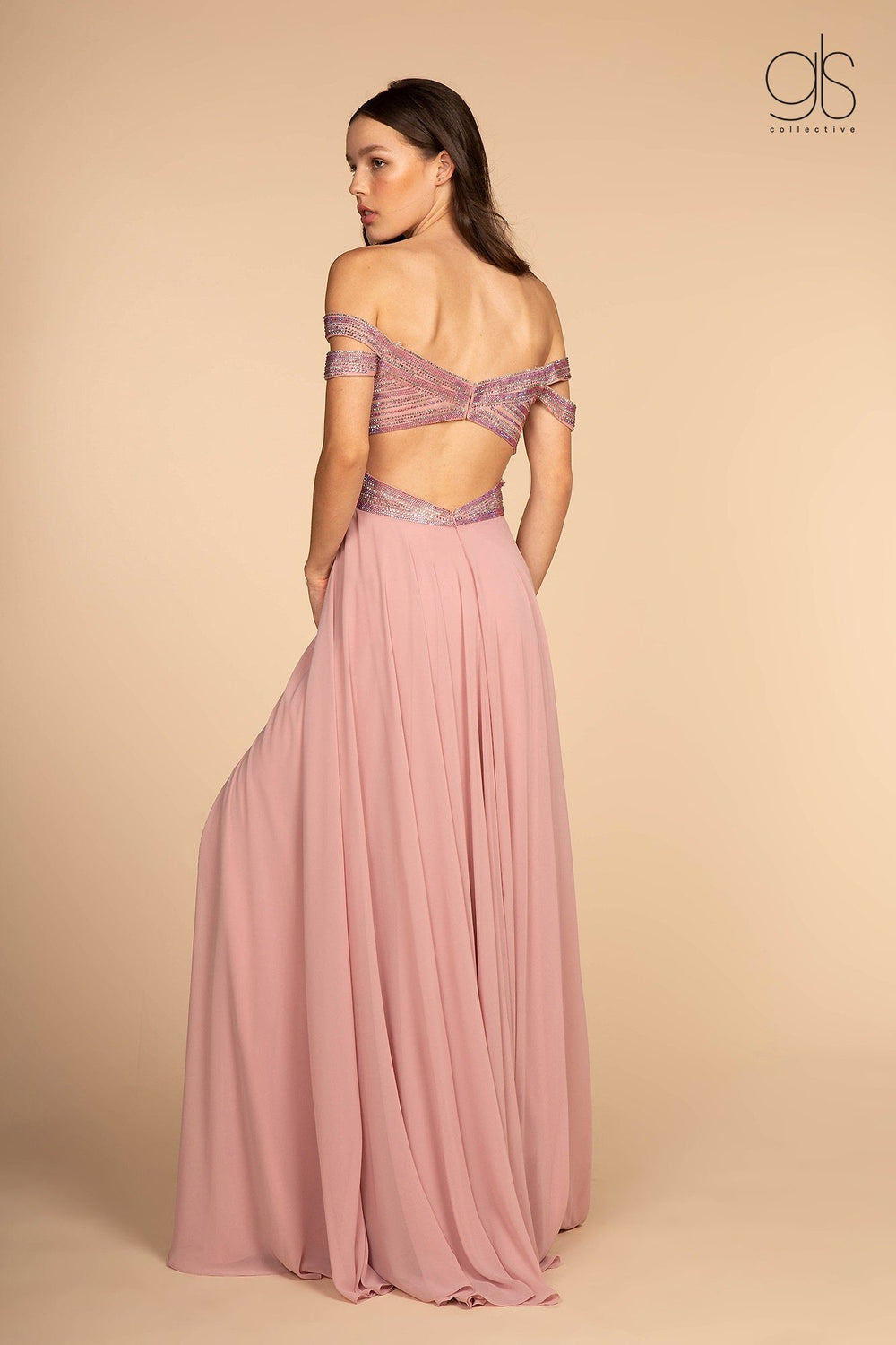 Long Off Shoulder Dress with Jeweled Bodice by Elizabeth K GL2527-Long Formal Dresses-ABC Fashion