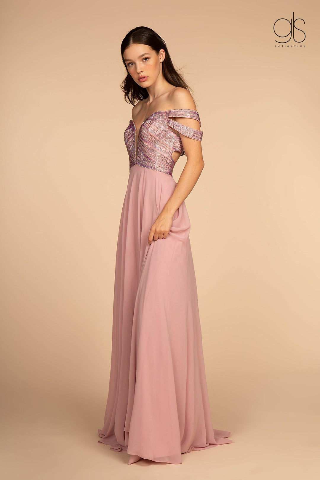 Long Off Shoulder Dress with Jeweled Bodice by Elizabeth K GL2527-Long Formal Dresses-ABC Fashion