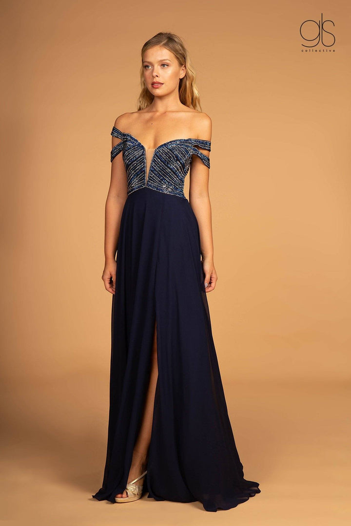 Long Off Shoulder Dress with Jeweled Bodice by Elizabeth K GL2527-Long Formal Dresses-ABC Fashion