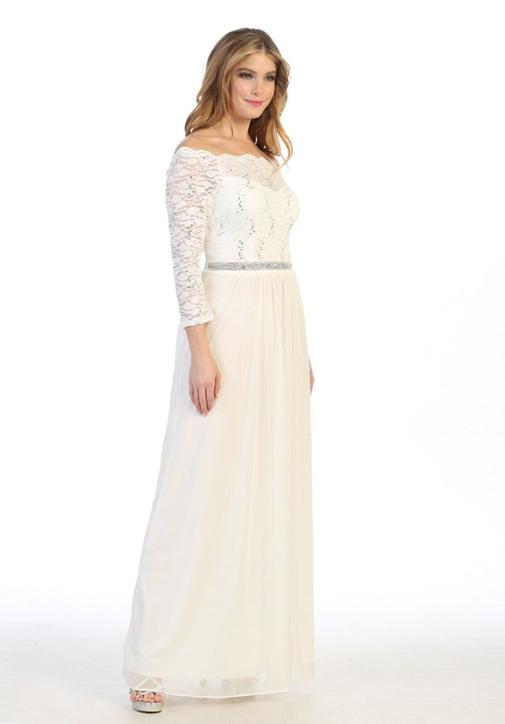 Long Off Shoulder Dress with Lace Bodice by Celavie 6468L