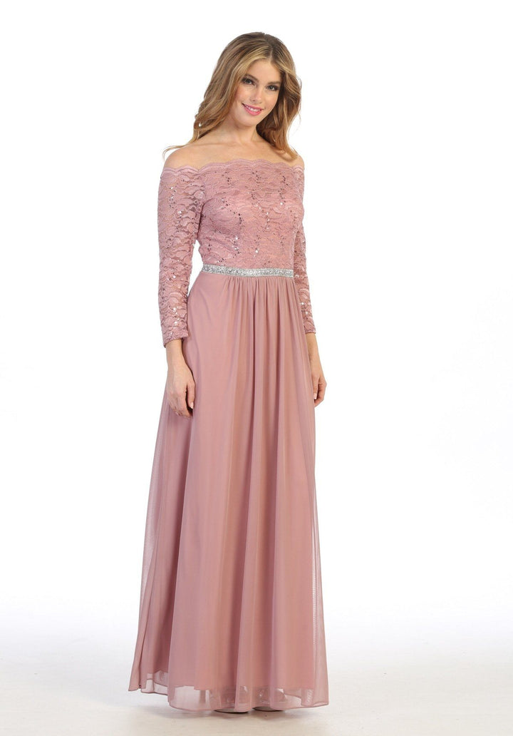 Long Off Shoulder Dress with Lace Bodice by Celavie 6468L