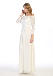Long Off Shoulder Dress with Lace Bodice by Celavie 6468L