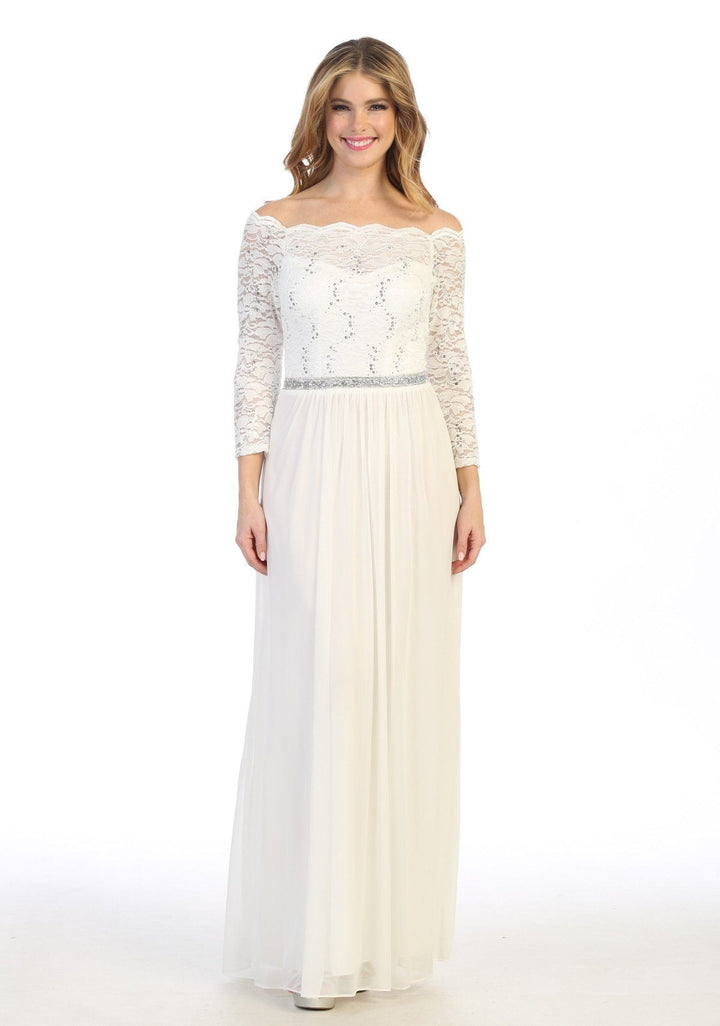Long Off Shoulder Dress with Lace Bodice by Celavie 6468L
