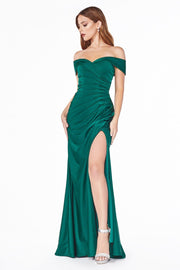Long Off Shoulder Fitted Dress with Slit by Cinderella Divine KV1050-Long Formal Dresses-ABC Fashion