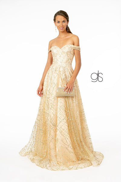 Long Off Shoulder Glitter Print Dress by Elizabeth K GL2887