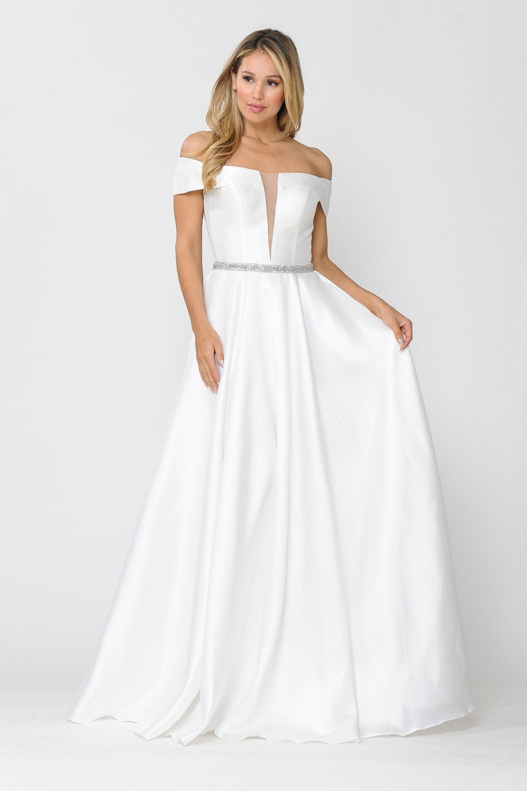 Long Off Shoulder Illusion V-Neck Dress by Poly USA 8680