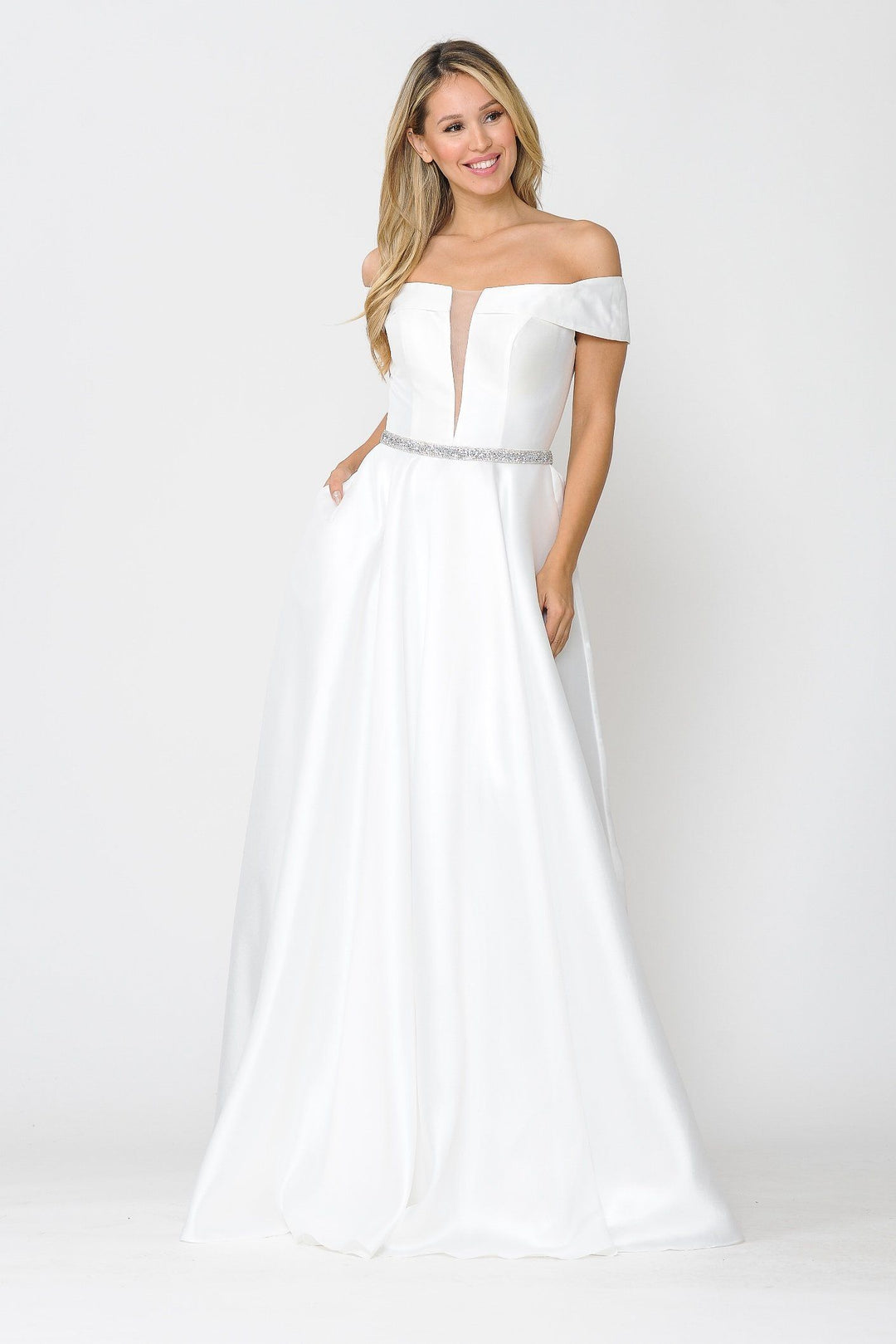 Long Off Shoulder Illusion V-Neck Dress by Poly USA 8680