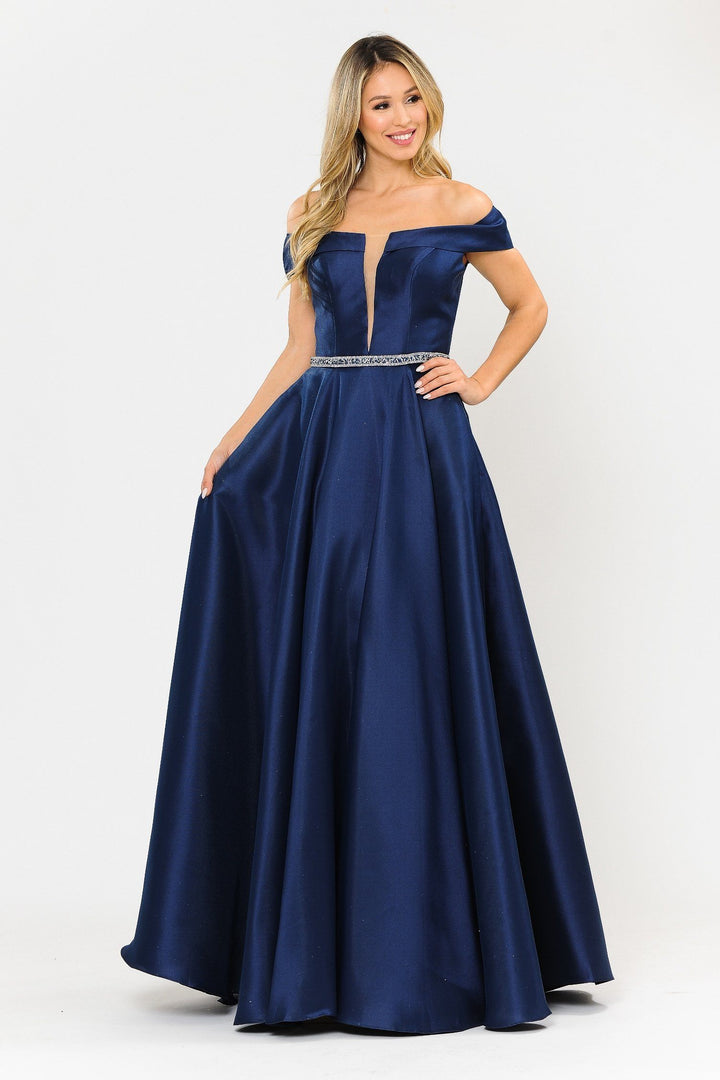 Long Off Shoulder Illusion V-Neck Dress by Poly USA 8680