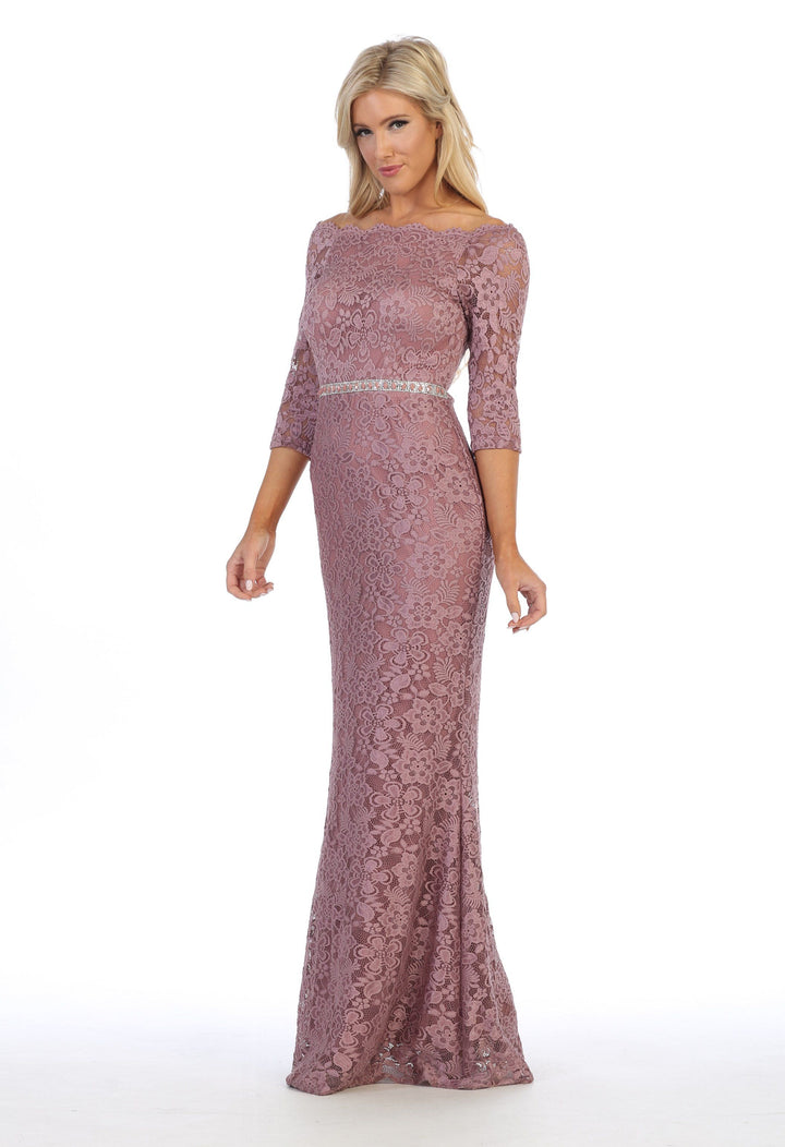 Long Off Shoulder Lace Dress with Beaded Waist by Celavie 6390L-Long Formal Dresses-ABC Fashion