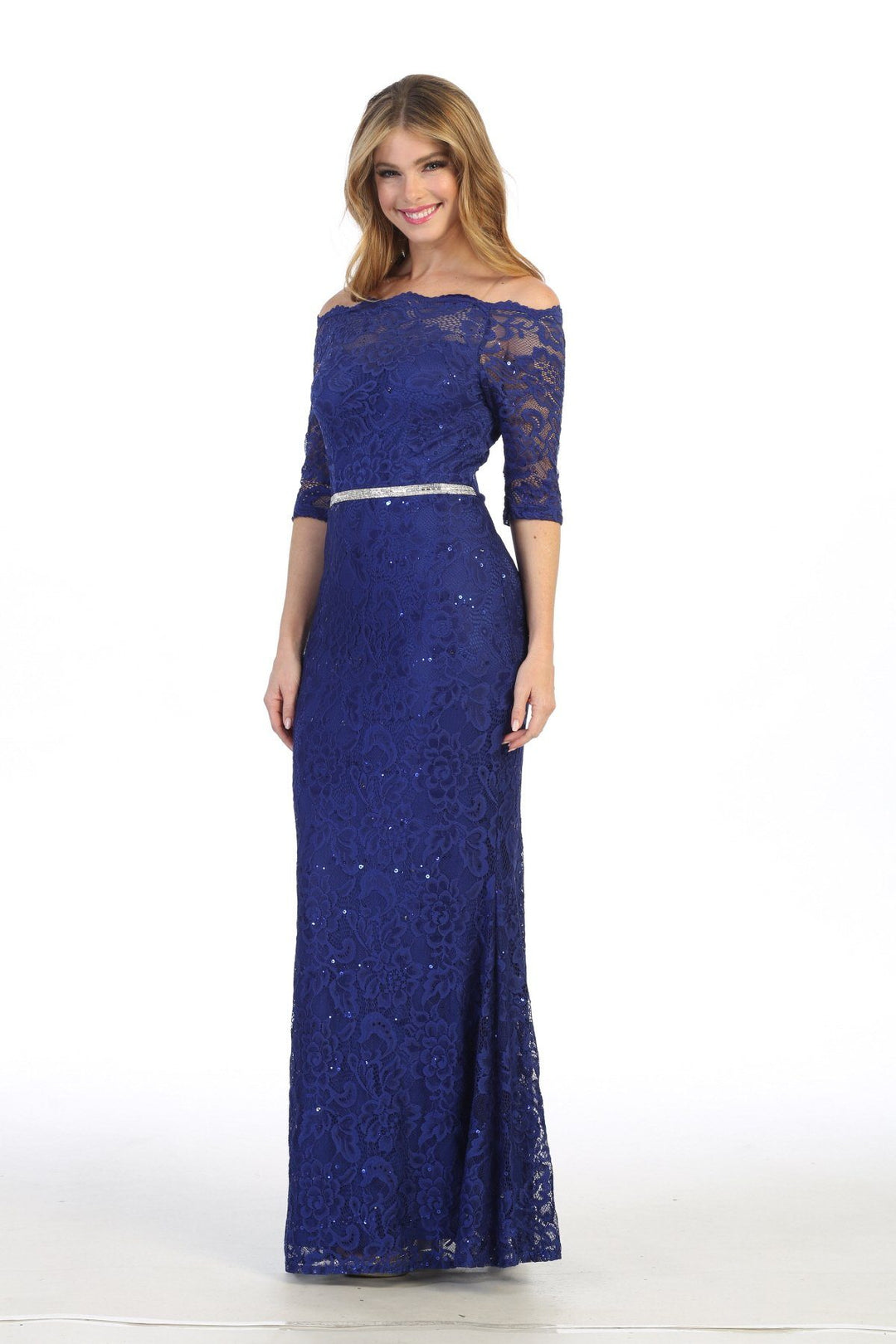 Long Off Shoulder Lace Dress with Beaded Waist by Celavie 6390L