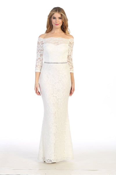Long Off Shoulder Lace Dress with Beaded Waist by Celavie 6390L