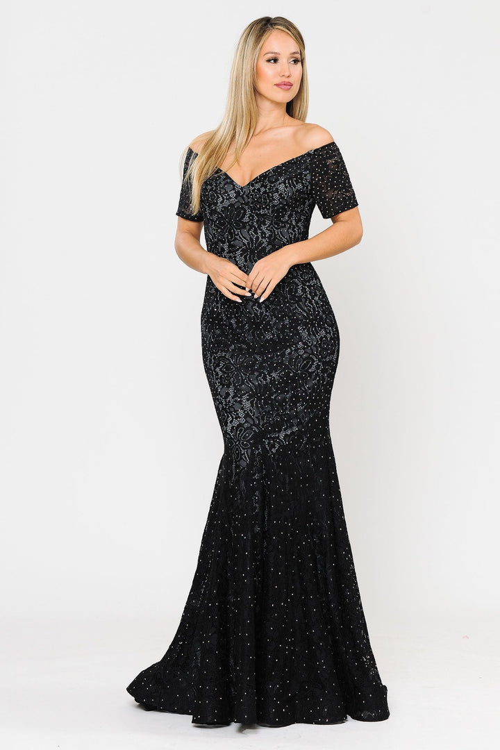 Long Off Shoulder Lace Mermaid Dress by Poly USA 8596