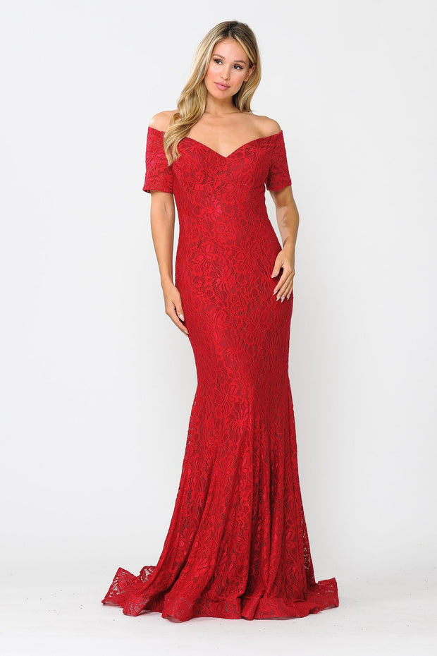 Long Off Shoulder Lace Mermaid Dress by Poly USA 8596