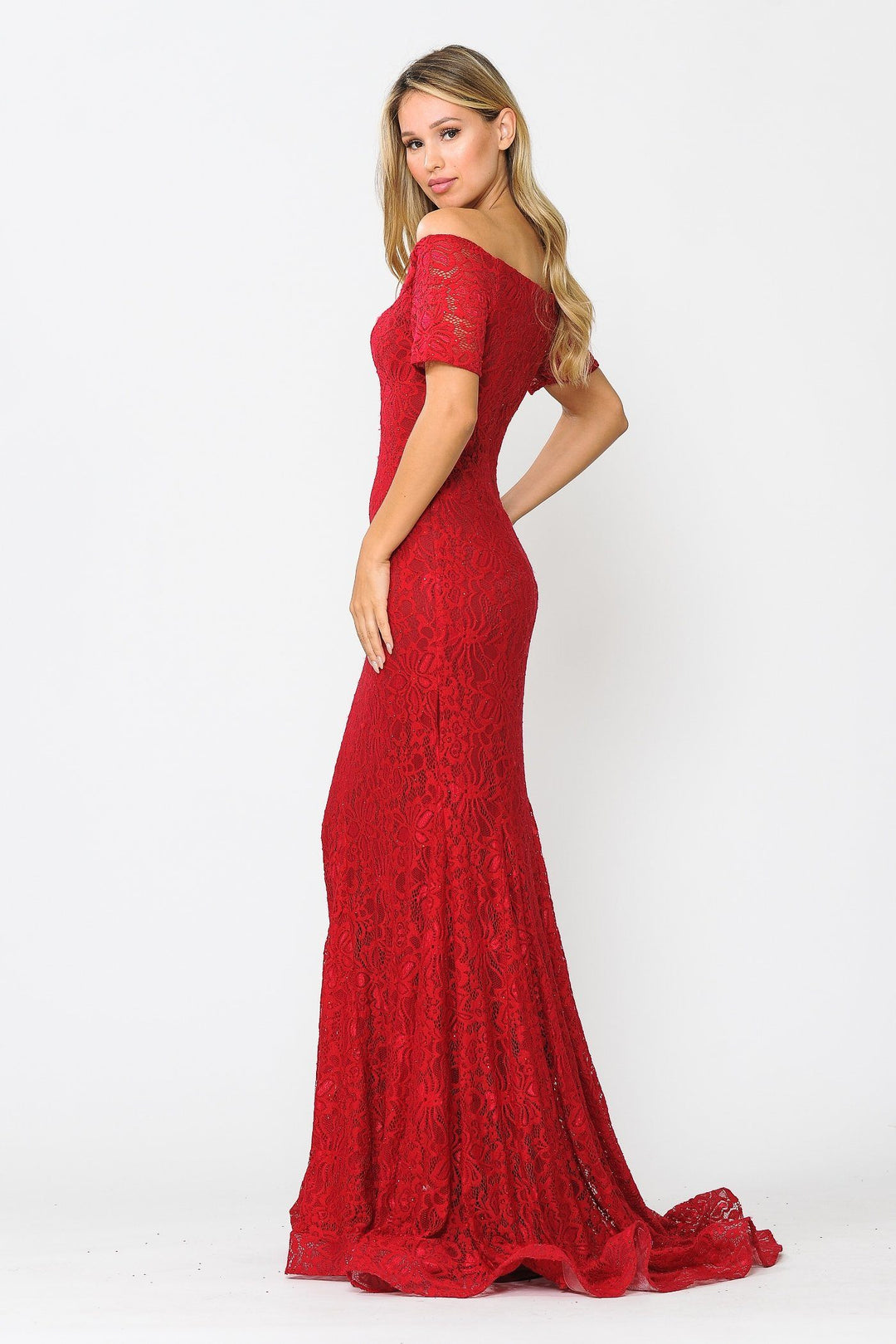 Long Off Shoulder Lace Mermaid Dress by Poly USA 8596