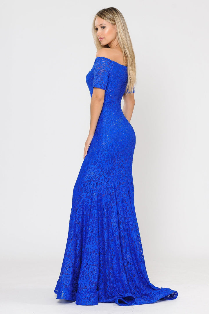 Long Off Shoulder Lace Mermaid Dress by Poly USA 8596