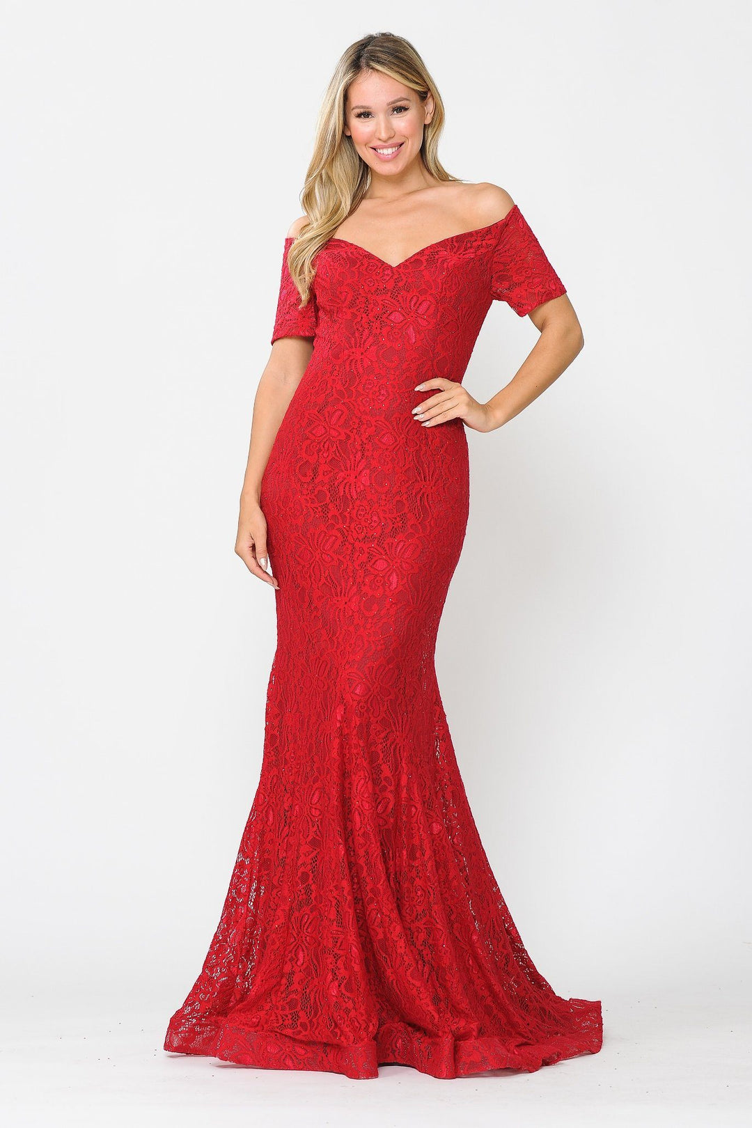 Long Off Shoulder Lace Mermaid Dress by Poly USA 8596