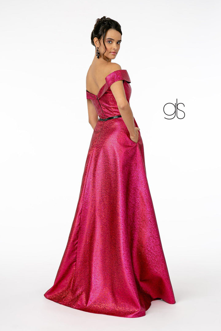 Long Off Shoulder Metallic Glitter Dress by Elizabeth K GL2982