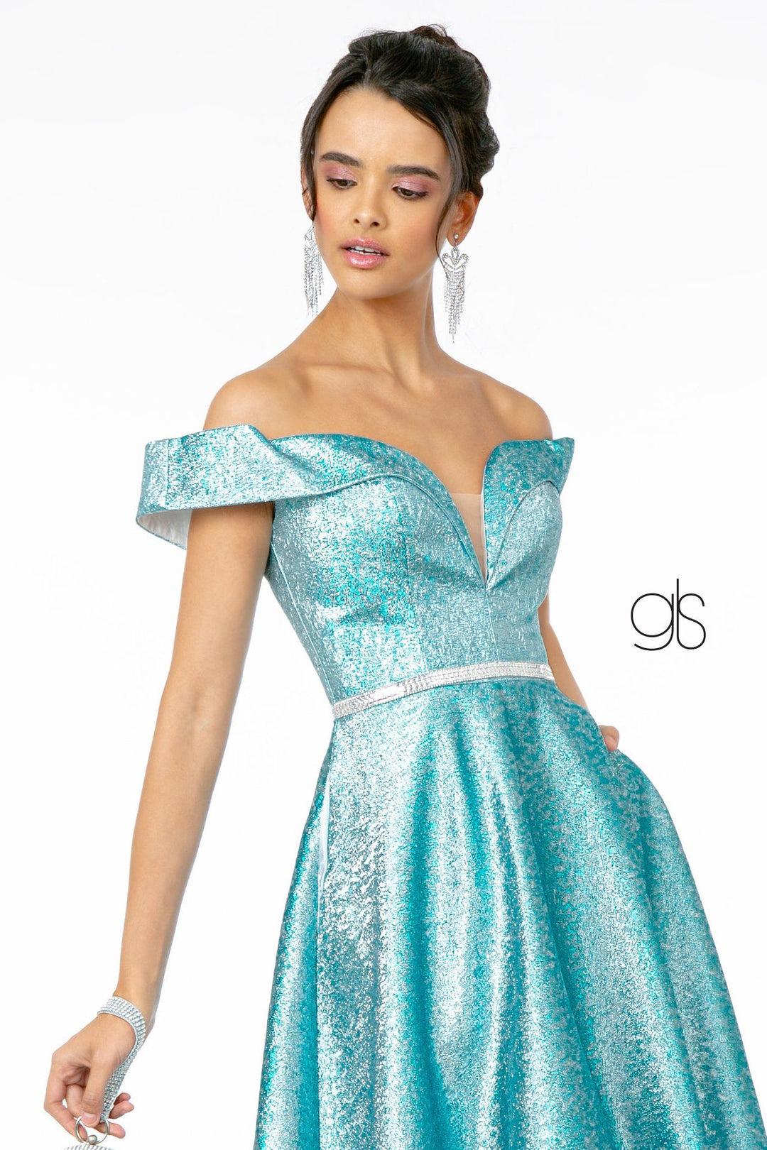 Long Off Shoulder Metallic Glitter Dress by Elizabeth K GL2982