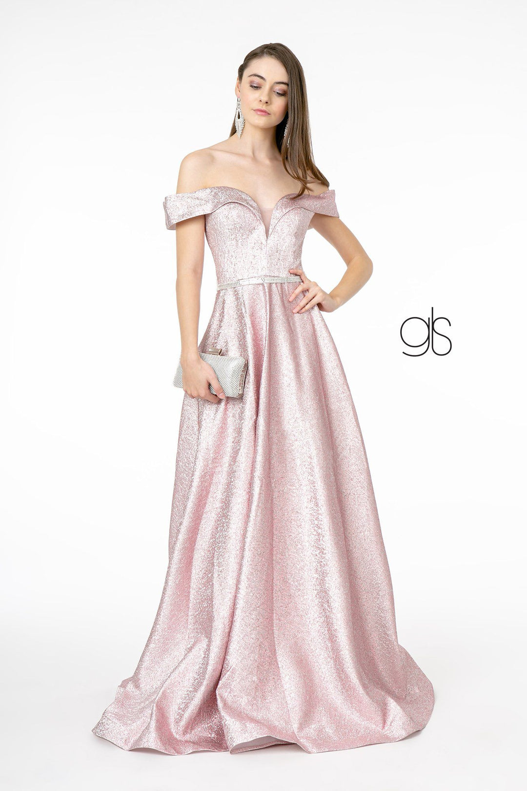 Long Off Shoulder Metallic Glitter Dress by Elizabeth K GL2982