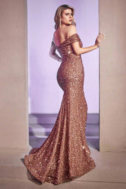 Long Off Shoulder Sequin Dress by Cinderella Divine CD975 - Outlet