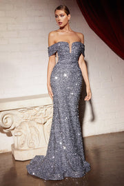 Long Off Shoulder Sequin Dress by Cinderella Divine CD975 - Outlet
