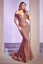 Long Off Shoulder Sequin Dress by Cinderella Divine CD975 - Outlet