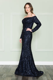 Long Off Shoulder Sequin Dress by Poly USA 8876