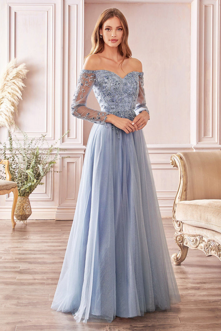 Long Off Shoulder Tulle Dress by Cinderella Divine CD0172