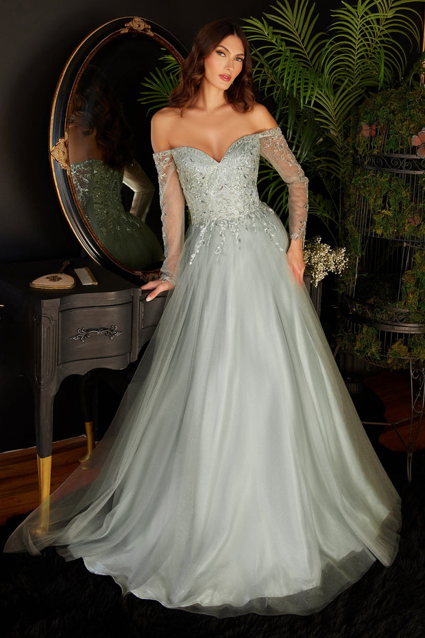 Long Off Shoulder Tulle Dress by Cinderella Divine CD0172