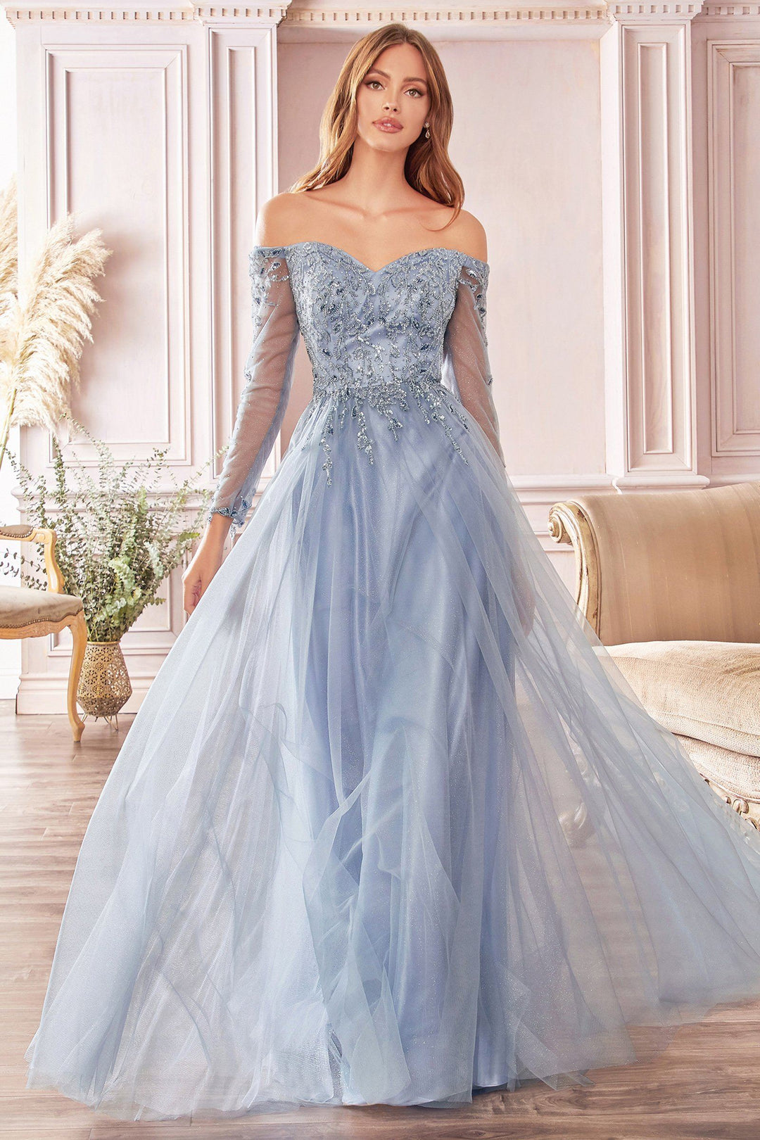 Long Off Shoulder Tulle Dress by Cinderella Divine CD0172