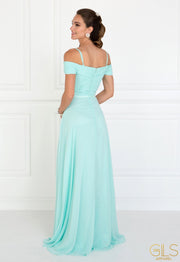 Long Off The Shoulder Blush Dress with Ruched Bodice by Elizabeth K-Long Formal Dresses-ABC Fashion