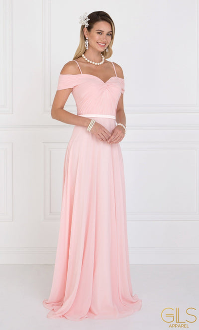 Long Off The Shoulder Blush Dress with Ruched Bodice by Elizabeth K-Long Formal Dresses-ABC Fashion