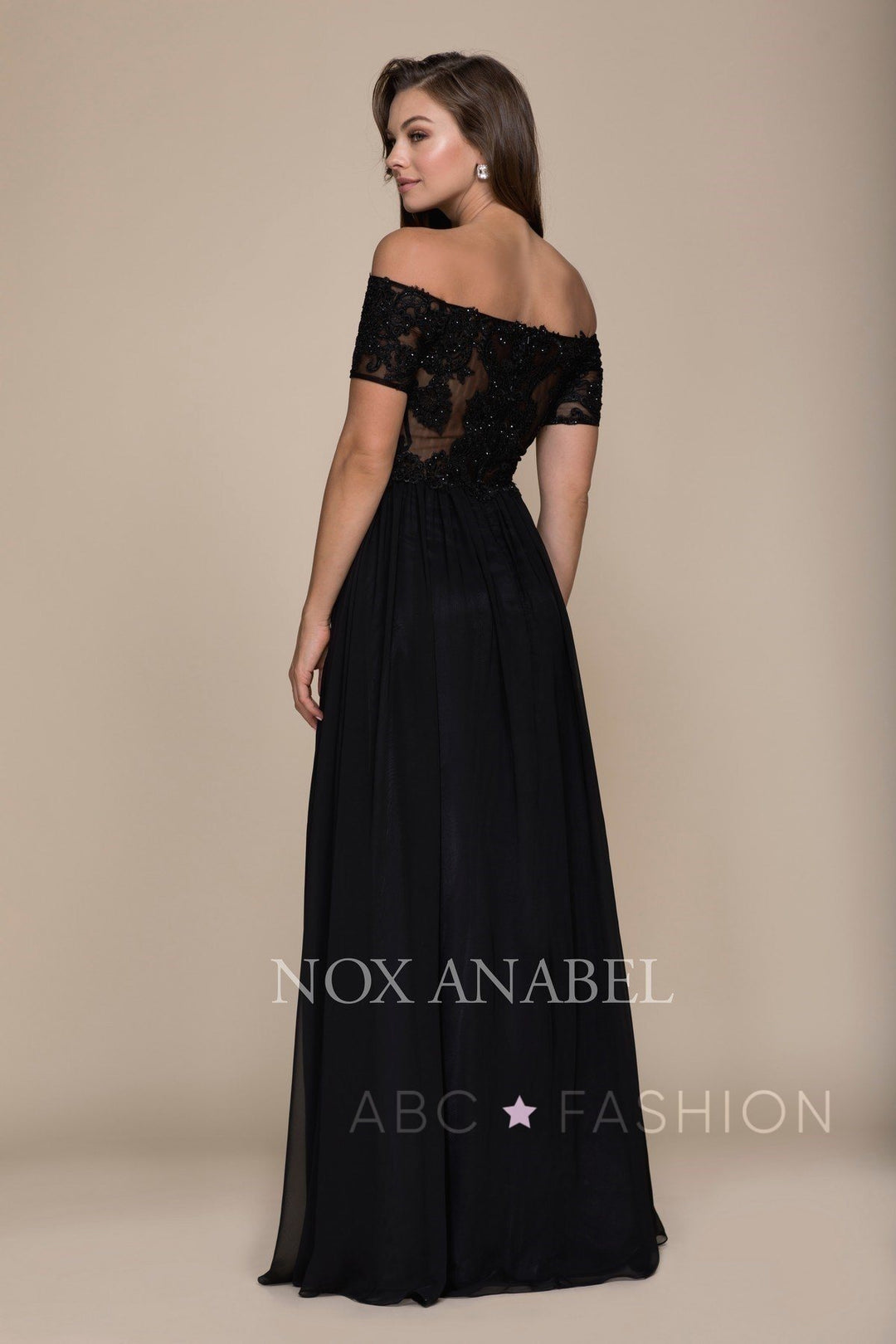 Long Off The Shoulder Dress with Appliqued Bodice by Nox Anabel A061-Long Formal Dresses-ABC Fashion
