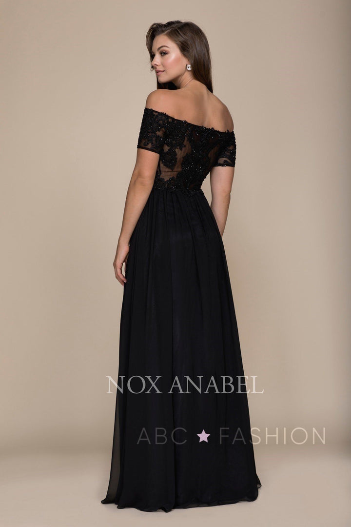 Long Off The Shoulder Dress with Appliqued Bodice by Nox Anabel A061-Long Formal Dresses-ABC Fashion