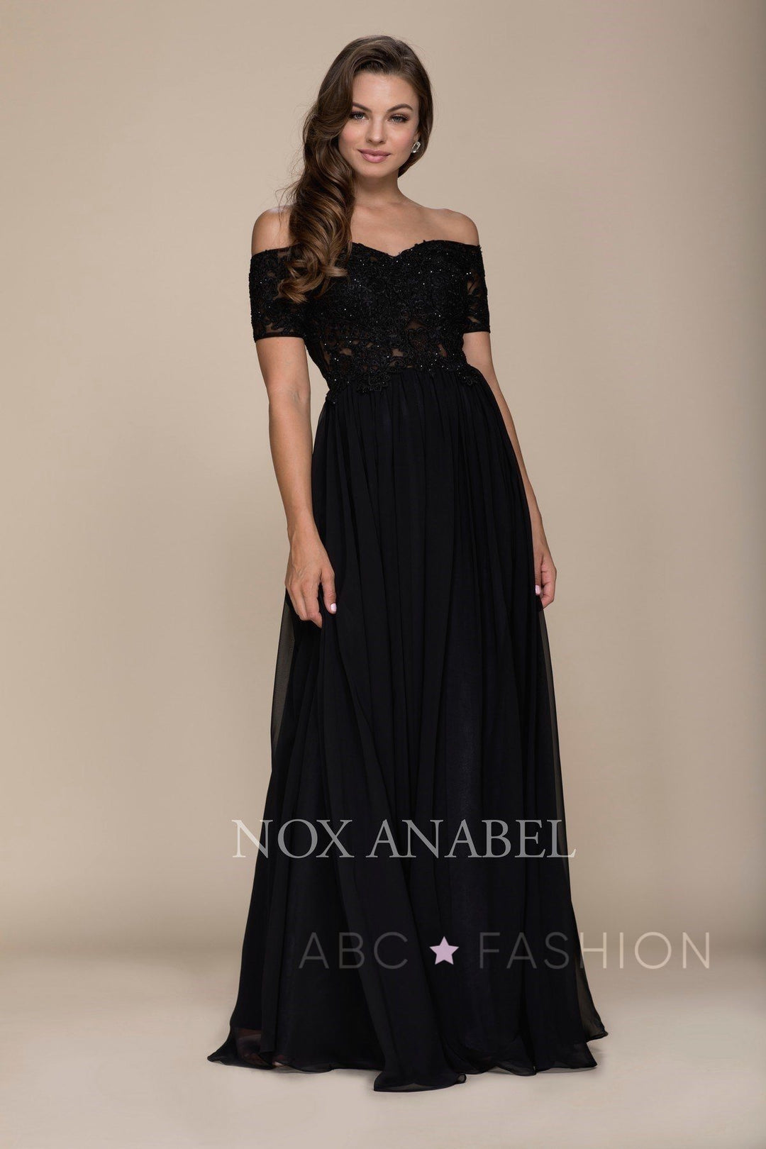Long Off The Shoulder Dress with Appliqued Bodice by Nox Anabel A061-Long Formal Dresses-ABC Fashion