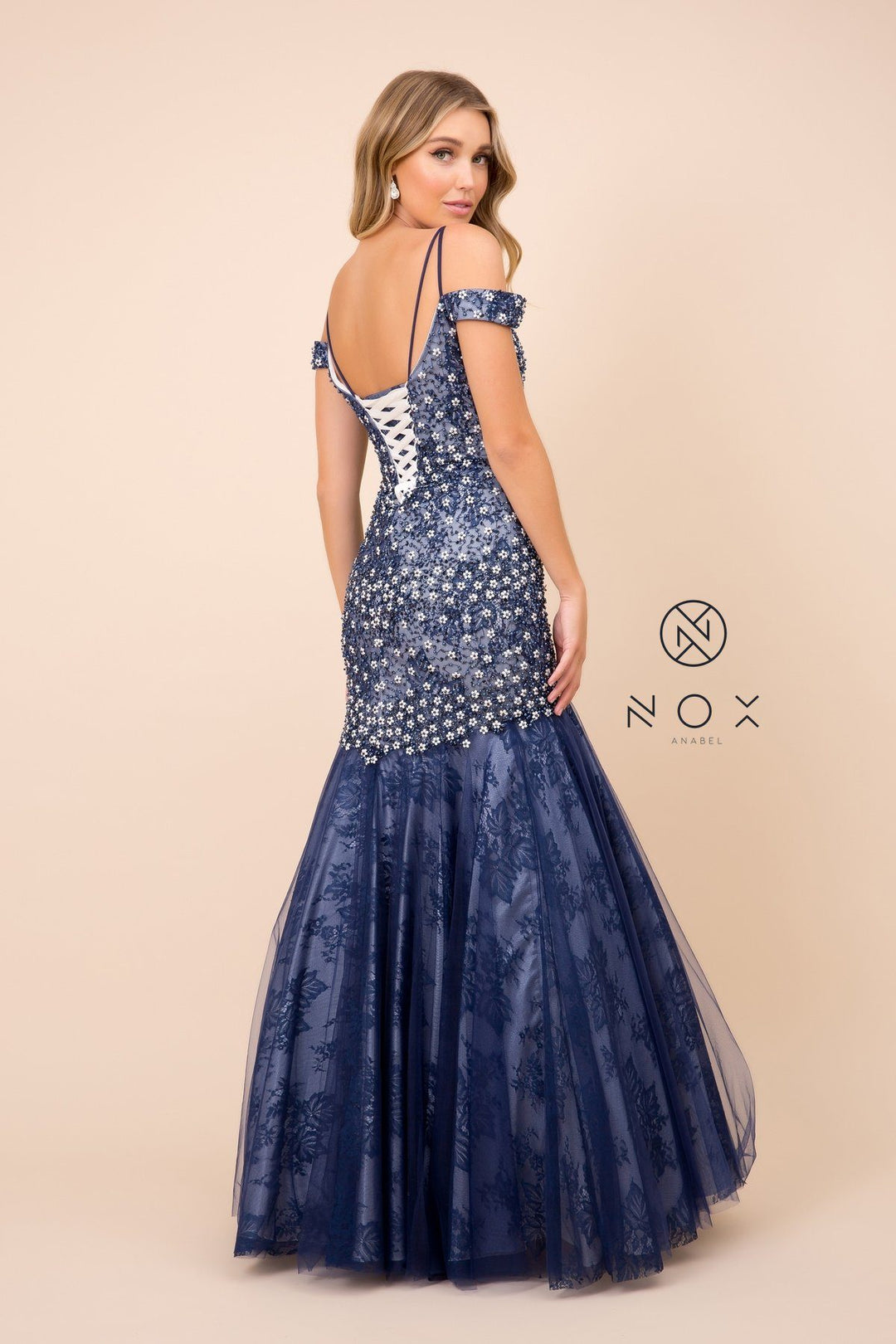 Long Off the Shoulder Dress with Corset Back by Nox Anabel 8328