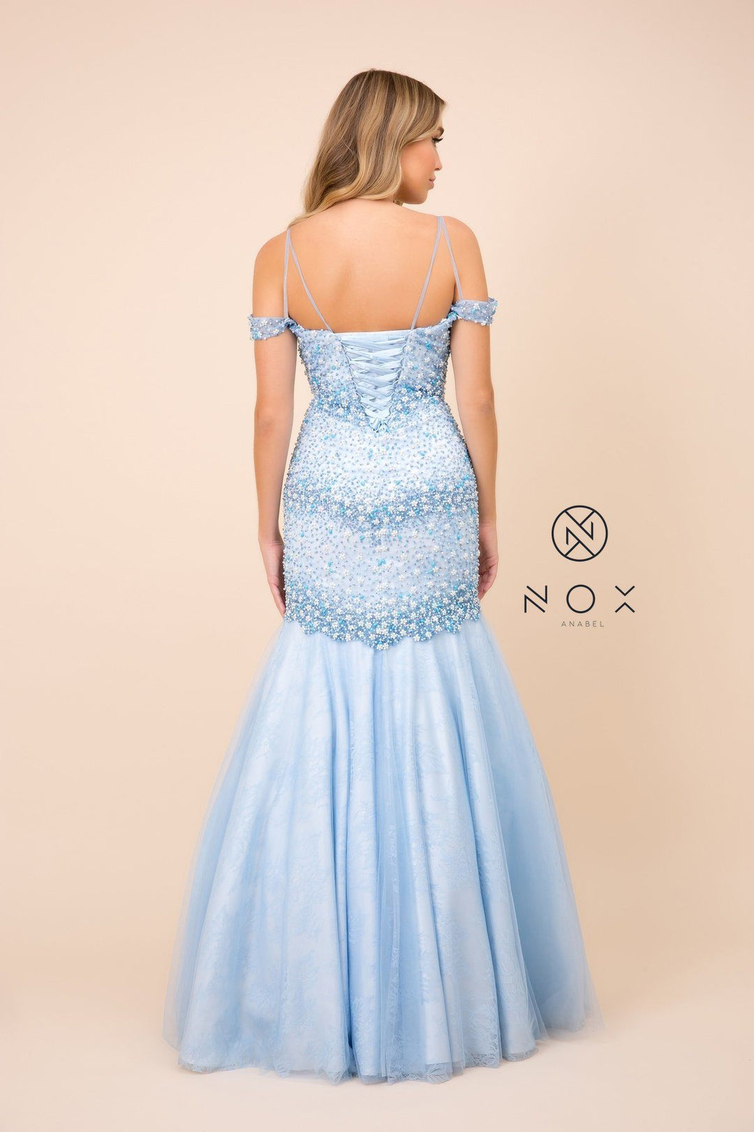Long Off the Shoulder Dress with Corset Back by Nox Anabel 8328
