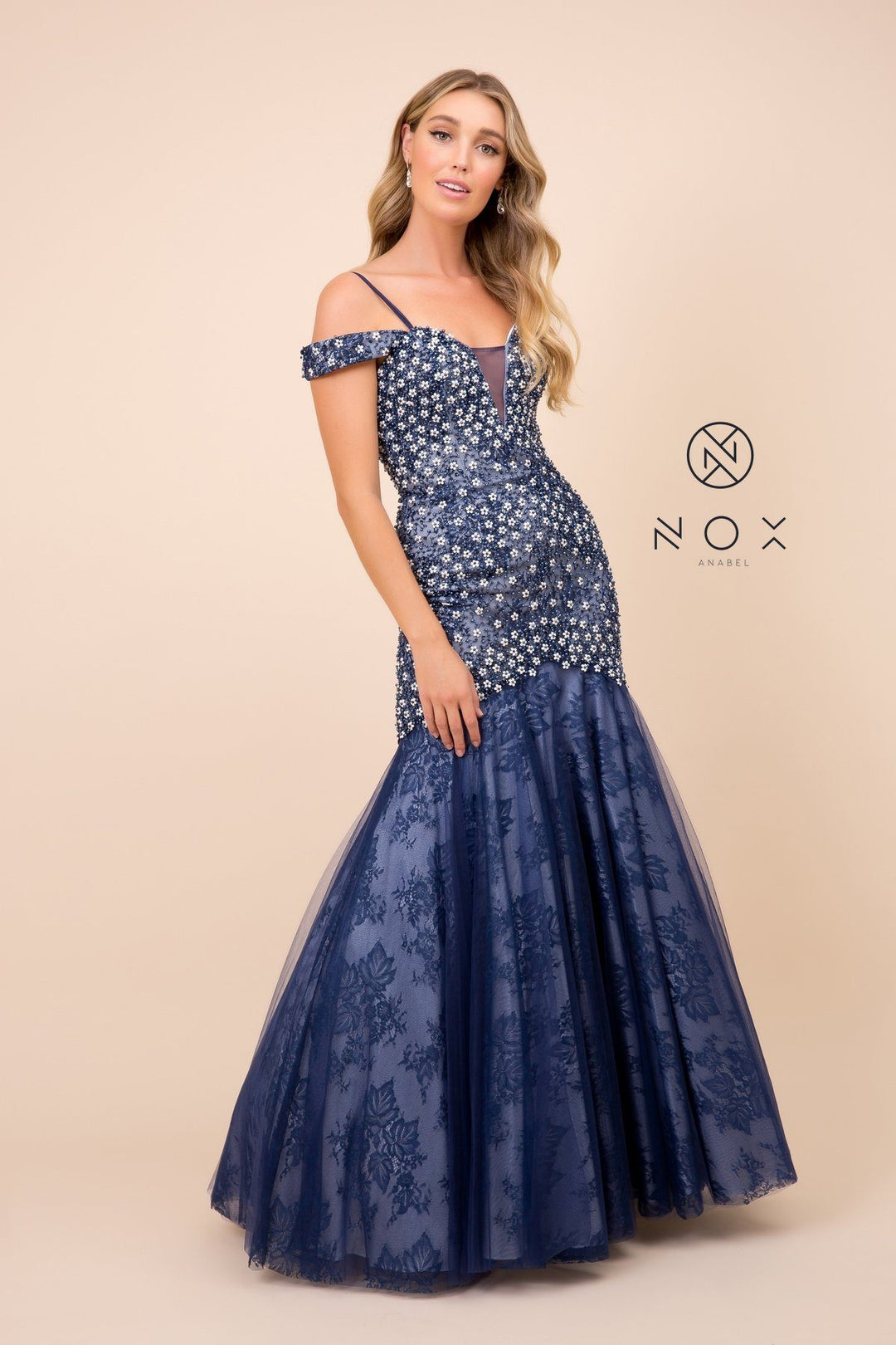 Long Off the Shoulder Dress with Corset Back by Nox Anabel 8328