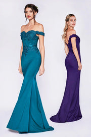 Long Off Shoulder Lace Bodice Dress by Cinderella Divine CF158