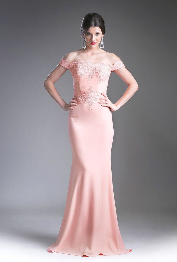 Long Off the Shoulder Dress with Lace Bodice by Cinderella Divine CF158-Long Formal Dresses-ABC Fashion