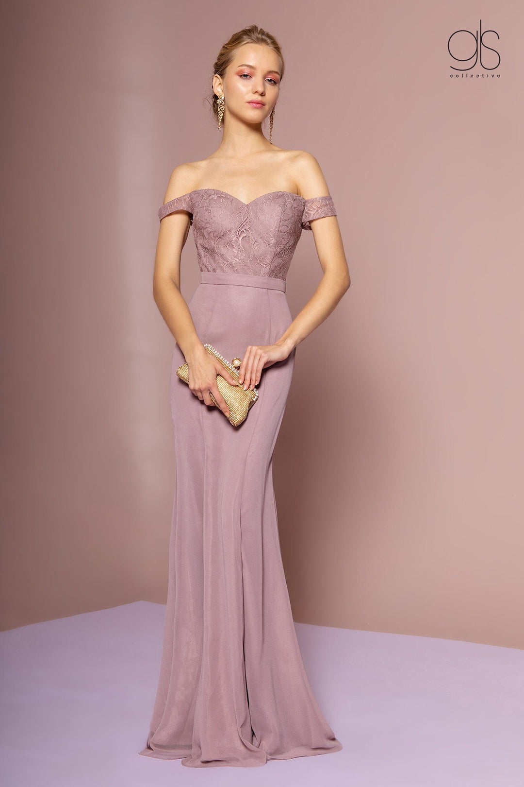 Long Off the Shoulder Dress with Lace Bodice by Elizabeth K GL2697-Long Formal Dresses-ABC Fashion