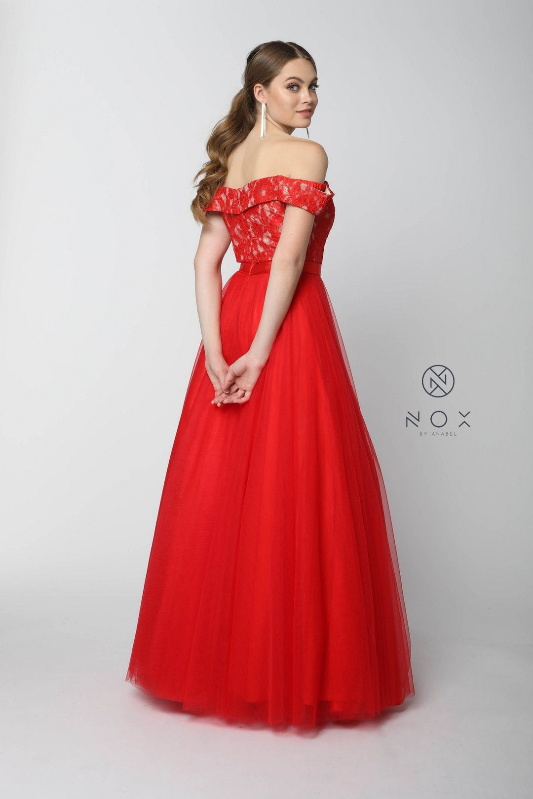 Long Off the Shoulder Dress with Lace Top by Nox Anabel 8372