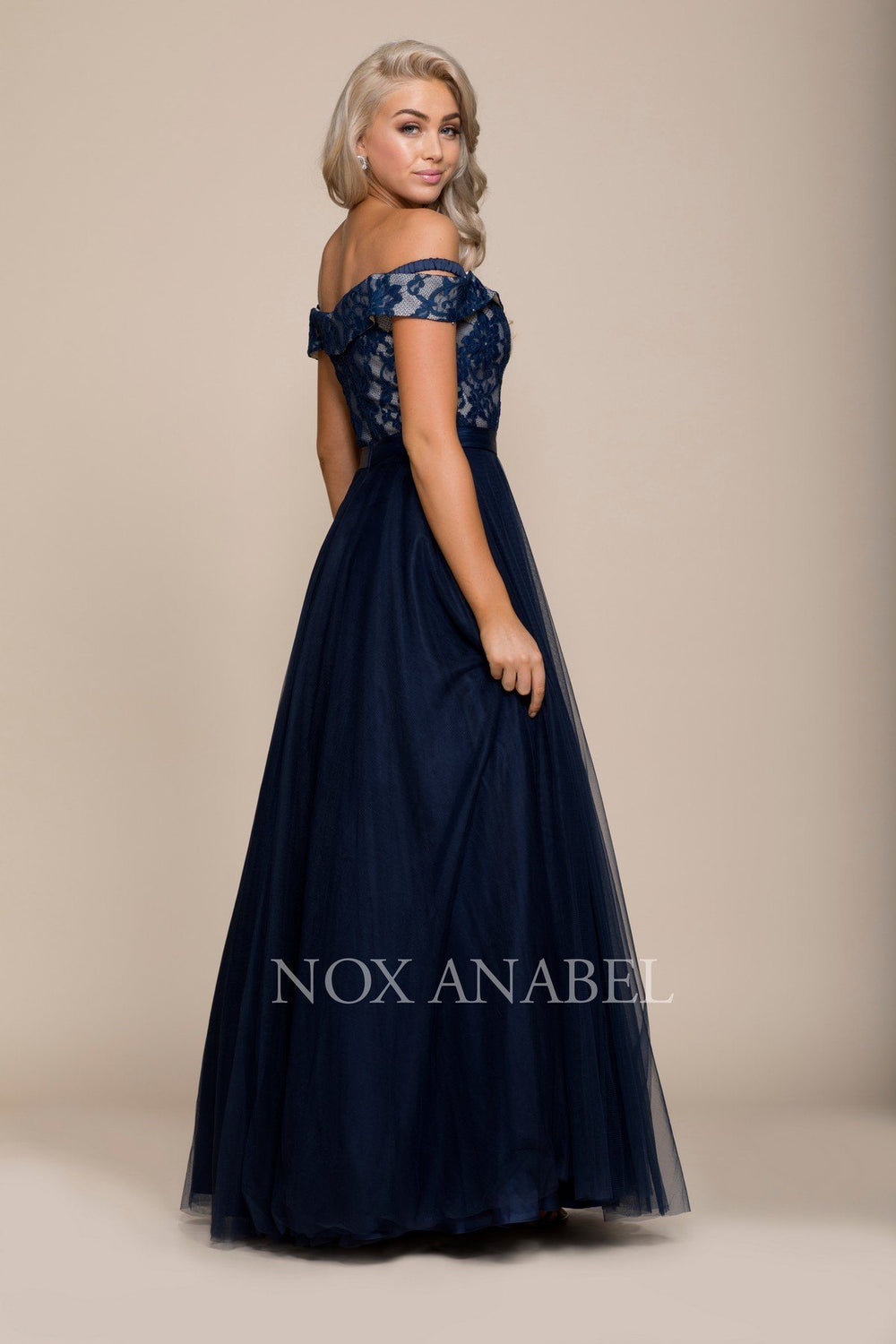 Long Off the Shoulder Dress with Lace Top by Nox Anabel 8372-Long Formal Dresses-ABC Fashion