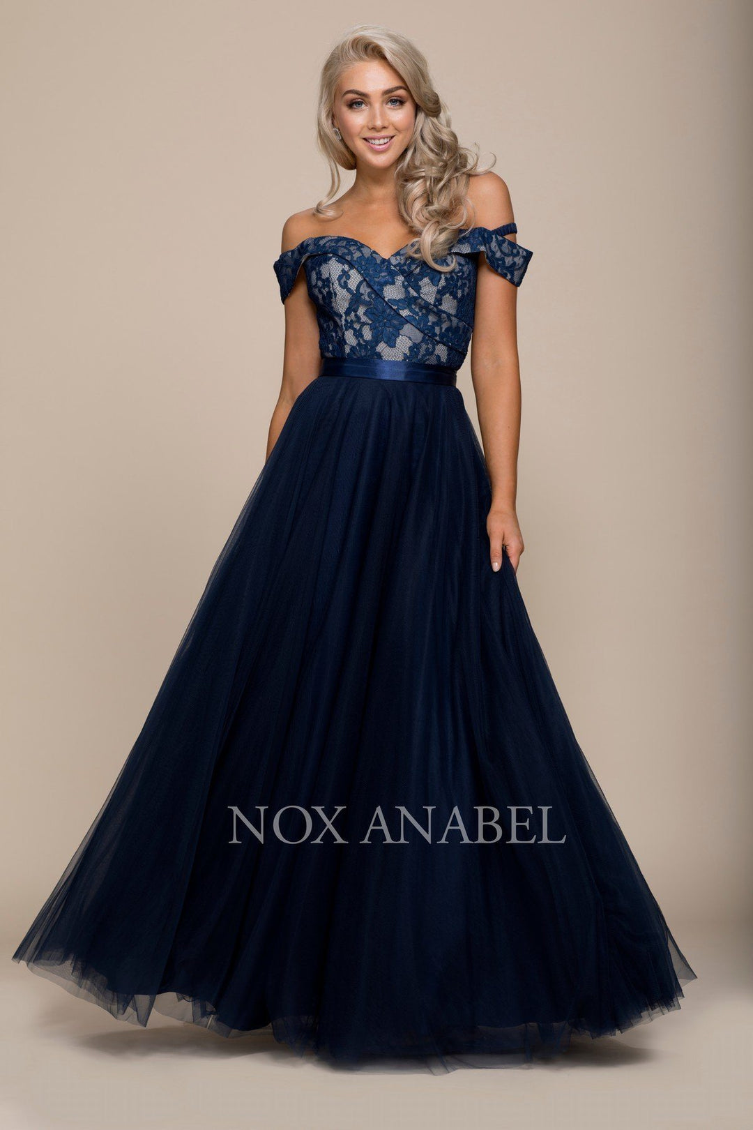 Long Off the Shoulder Dress with Lace Top by Nox Anabel 8372-Long Formal Dresses-ABC Fashion