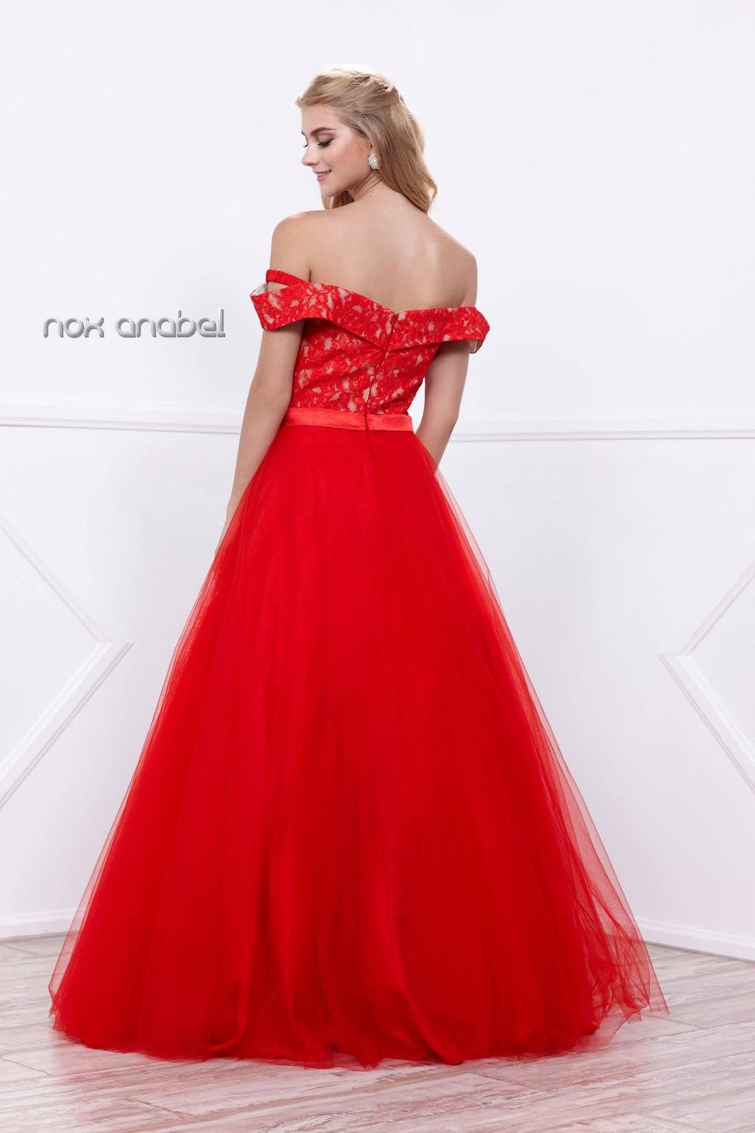 Long Off the Shoulder Dress with Lace Top by Nox Anabel 8372-Long Formal Dresses-ABC Fashion