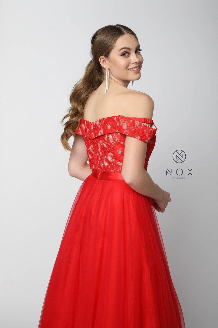 Long Off the Shoulder Dress with Lace Top by Nox Anabel 8372