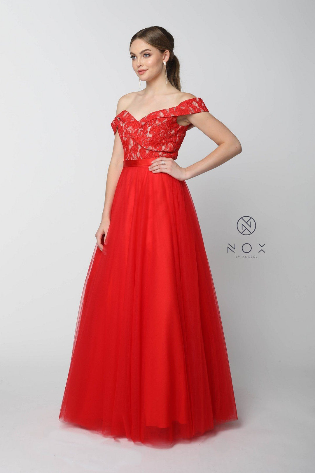 Long Off the Shoulder Dress with Lace Top by Nox Anabel 8372