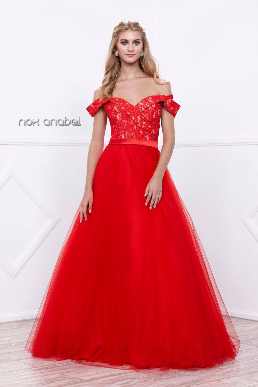 Long Off the Shoulder Dress with Lace Top by Nox Anabel 8372-Long Formal Dresses-ABC Fashion